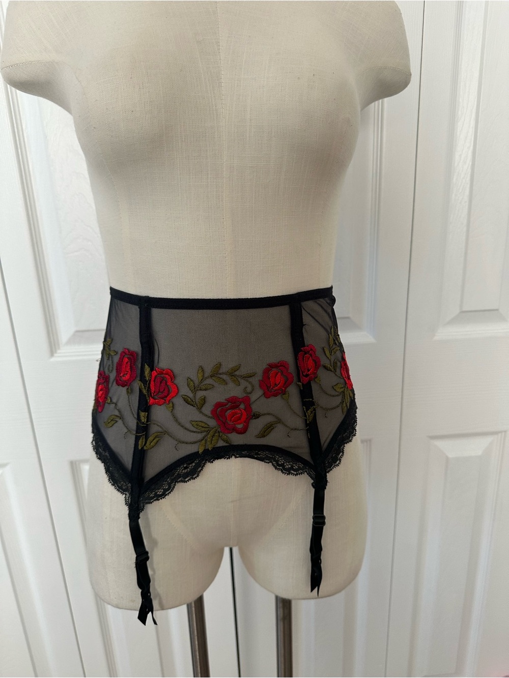 Black Sheer Rose Embroidered Garter Belt